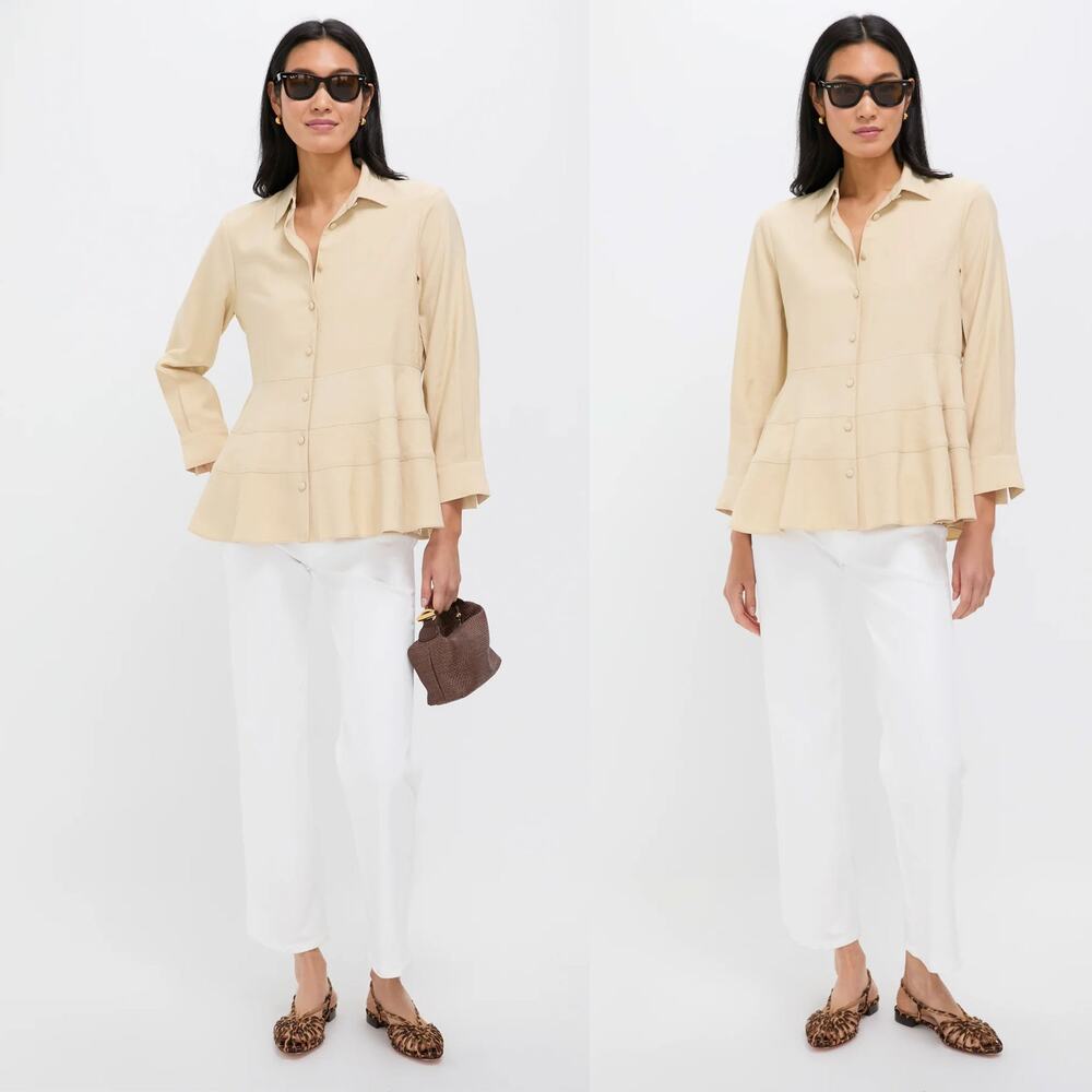 Tuckernuck Pomander Place Ashlen Blouse Tan L Tiered Button Front Peplum Top